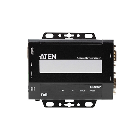 Schwarzer ATEN Secure Device Server SN3002P mit Anschlüssen und LED-Beschriftungen auf weißem Grund.