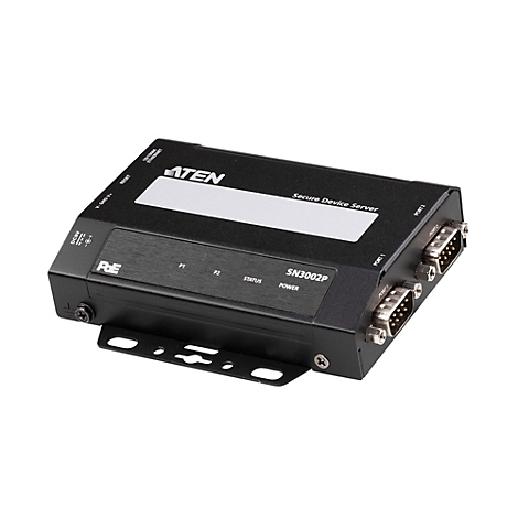 Schwarzer ATEN Secure Device Server SN3002P mit zwei seriellen Anschlüssen vor weißem Hintergrund.