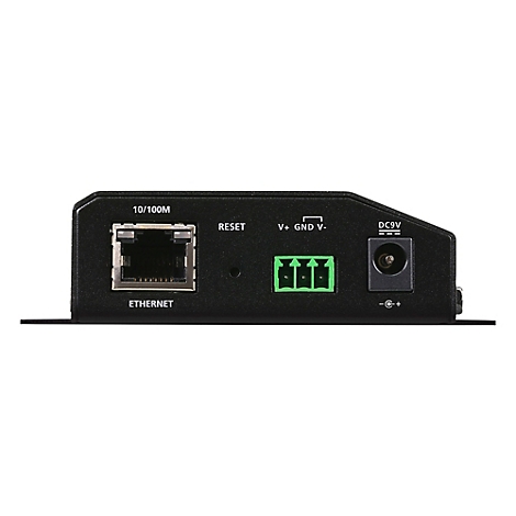 Schwarzes Gehäuse eines Netzwerkgeräts mit Ethernet-Port, Reset-Knopf, 3-poligem Anschluss und DC-Strombuchse.