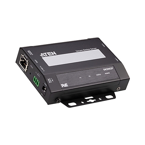 Schwarzer ATEN Secure Device Server SN3002P mit Ethernet-Anschluss und Anschlüssen für Strom und serielle Geräte.