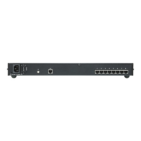 Rückseite eines schwarzen Netzwerk-Switches mit Stromanschluss, Netzschalter, LAN-Port und acht nummerierten Anschlüssen.