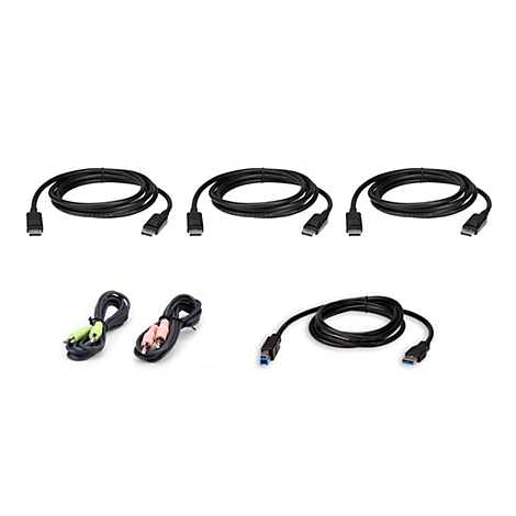 Mehrere schwarze DisplayPort-Kabel, zwei Audiokabel mit Klinkensteckern und ein USB-Kabel vor weißem Hintergrund.