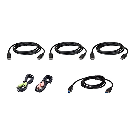 Mehrere schwarze Verbindungskabel, darunter DisplayPort-Kabel, Audiokabel und ein USB-Kabel vor weißem Hintergrund.