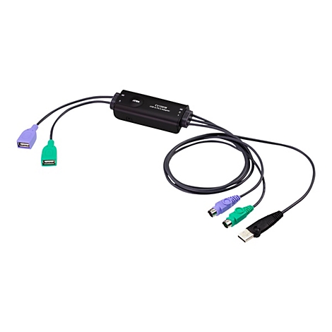 Schwarzer Aten USB-zu-PS/2-Adapter mit farbigen Steckern vor weißem Hintergrund.