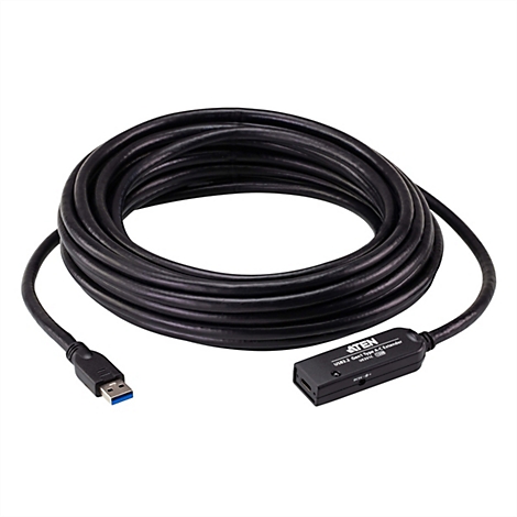 Aufgerolltes, schwarzes USB 3.2 Gen1 Typ-A auf Typ-C Verlängerungskabel von ATEN auf weißem Hintergrund.