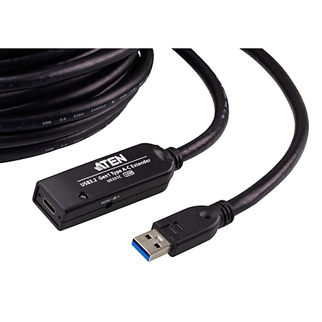 Schwarzes ATEN USB 3.2 Gen1 Typ-A-auf-C-Verlängerungskabel, 10 Meter lang, mit Anschlüssen und Adaptergehäuse.