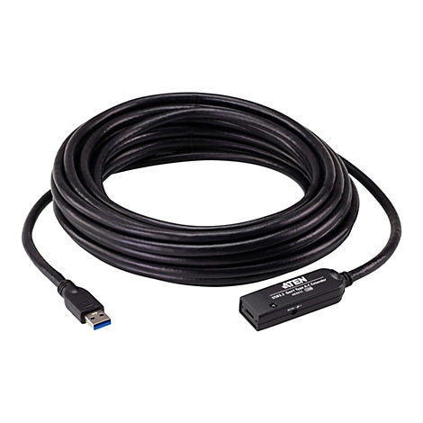 Aufgerolltes, schwarzes USB 3.2 Gen1 Typ A-C Verlängerungskabel von Aten mit Anschlusssteckern.