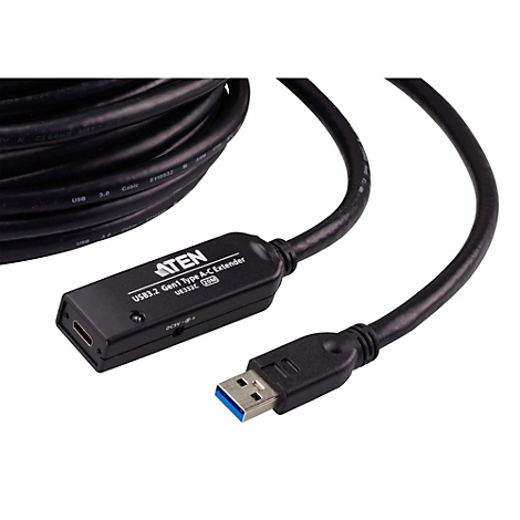 Schwarzes ATEN USB-3.2-Gen1-Typ-A-auf-C-Verlängerungskabel, 20 Meter, aufgerollt mit Anschlusssteckern.