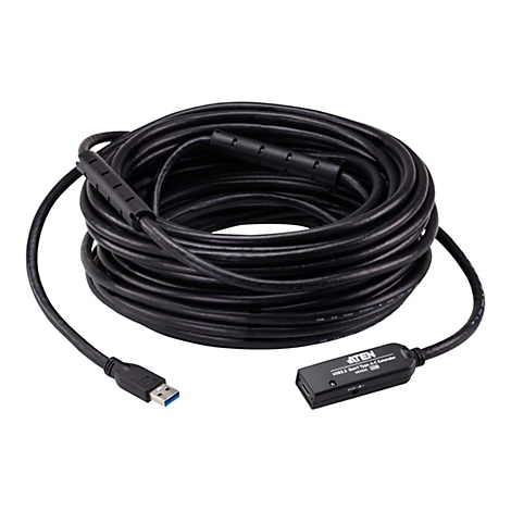 Aufgerolltes, schwarzes USB-3.2-A-auf-C-Verlängerungskabel mit ATEN-Logo vor weißem Hintergrund.