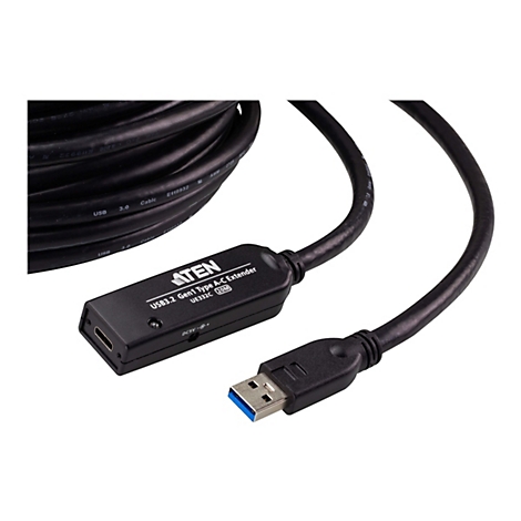Schwarzes ATEN USB 3.2 Gen1 Verlängerungskabel mit Stecker und Buchse vor weißem Hintergrund.