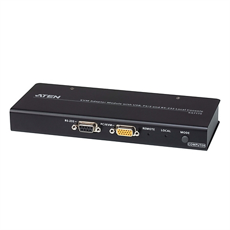 Schwarzes ATEN KVM-Adaptermodul mit RS-232- und VGA-Anschlüssen sowie einer Mode-Taste vor weißem Hintergrund.