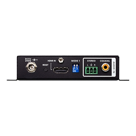 Rückseite eines schwarzen elektronischen Geräts mit Anschlüssen für Strom, HDMI, Stereo-Audio und Koaxial-Eingang.