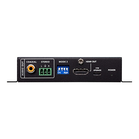 Rückseite eines schwarzen elektronischen Geräts mit Anschlüssen für Coaxial, Stereo, HDMI, F/W Upgrade und Power.