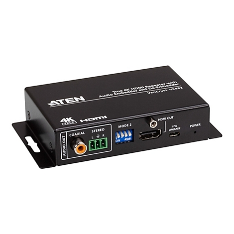 Schwarzer ATEN 4K HDMI Repeater mit Audio-Anschlüssen vor weißem Hintergrund.
