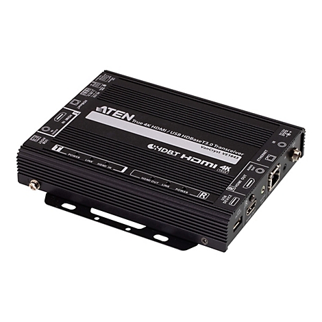 Schwarzer ATEN VanCryst VE1843 HDMI/USB HDBaseT-Transceiver mit verschiedenen Anschlüssen auf weißem Hintergrund.
