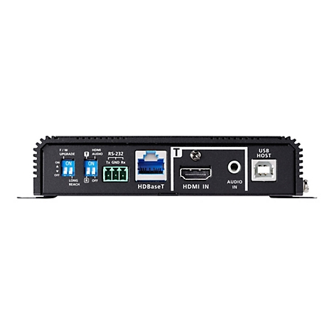 Rückseite eines schwarzen elektronischen Geräts mit Anschlüssen für HDBaseT, HDMI, Audio und USB.