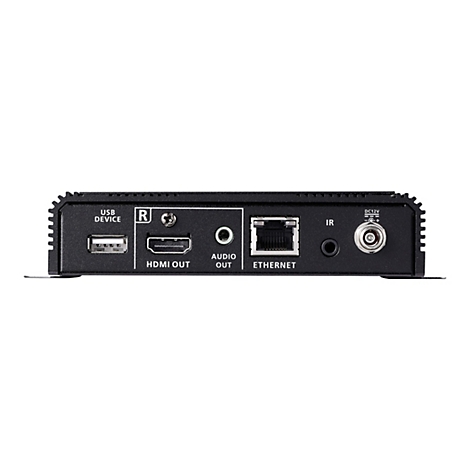 Rückseite eines schwarzen elektronischen Geräts mit Anschlüssen für USB, HDMI, Audio, Ethernet, Infrarot und Strom.