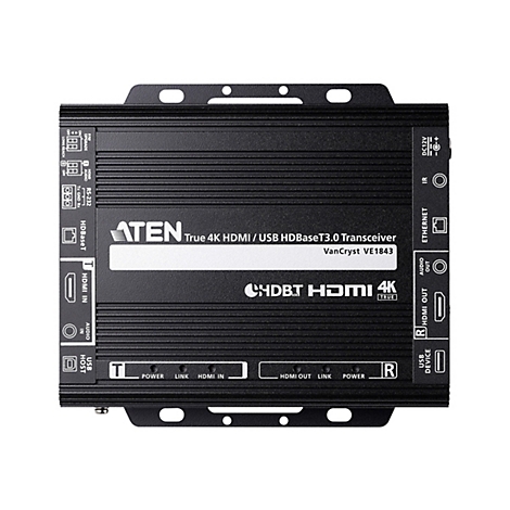 Schwarzer ATEN VE1843 HDMI/USB HDBaseT 3.0 Transceiver mit diversen Anschlüssen und LED-Statusanzeigen.