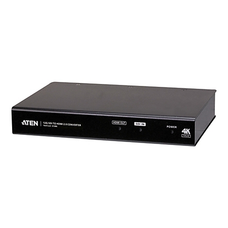 Schwarzer Aten 12G-SDI-auf-HDMI 2.0-Konverter mit Status-LEDs und 4K-Logo auf weißem Hintergrund.