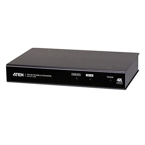 Schwarzer ATEN 12G-SDI auf HDMI 2.0 Konverter mit Status-LEDs für HDMI, SDI und Power.