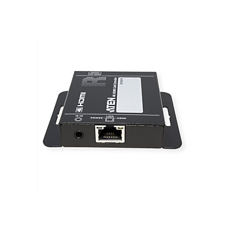 Schwarzer ATEN 4K HDMI Cat6 Extender VE1821R mit Netzwerkschnittstelle vor weißem Hintergrund.