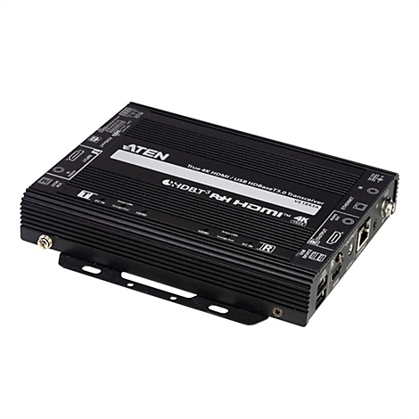 Schwarzer ATEN HDBaseT-Transceiver auf weißem Hintergrund mit zahlreichen Anschlüssen und Beschriftungen.