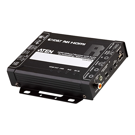 Schwarzer ATEN HDMI HDBaseT Receiver mit zahlreichen Anschlüssen und weißer Beschriftung auf weißem Hintergrund.
