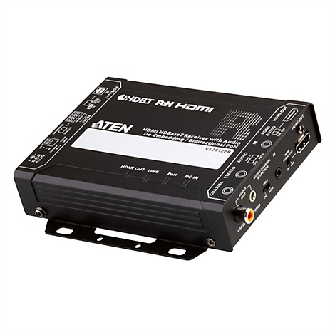 Schwarzer ATEN VE2812PR HDMI HDBaseT Empfänger mit zahlreichen Anschlüssen vor neutralem Hintergrund.