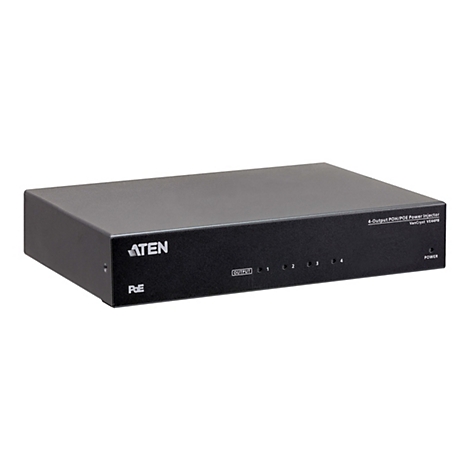 Schwarzer 4-Port POH/PoE Power Injector von Aten VE44PB vor weißem Hintergrund.