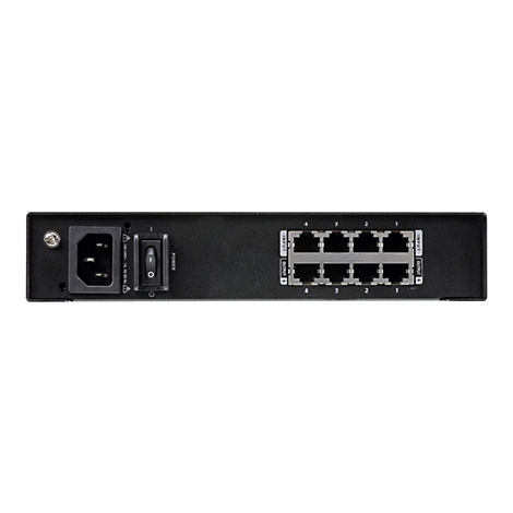 Rückseite eines schwarzen Netzwerk-Switches mit Stromanschluss, Ein-Aus-Schalter und acht nummerierten Ethernet-Ports.