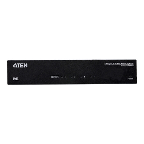 Schwarze Frontplatte des ATEN VanCryst VE44PB 4-Output POH/POE Power Injektors mit Status-LEDs.
