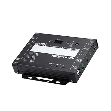 Schwarzer ATEN 4K HDMI over IP Extender mit PoE, zeigt Anschlüsse und Beschriftung auf weißem Hintergrund.