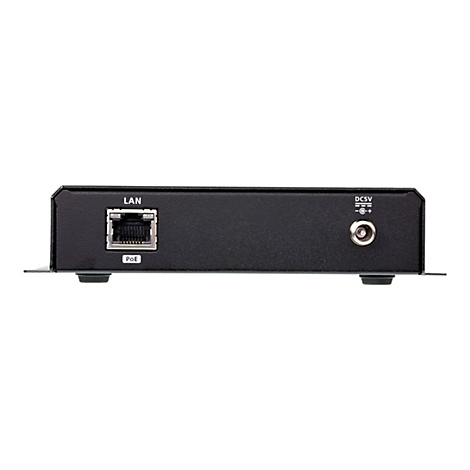 Rückseite eines schwarzen Netzwerkgeräts mit LAN-PoE-Anschluss und DC 5V-Strombuchse auf weißem Hintergrund.
