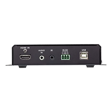 Rückseite eines schwarzen Videokonverter-Gehäuses mit HDMI-, Audio-, IR-, RS-232- und USB-Anschlüssen.