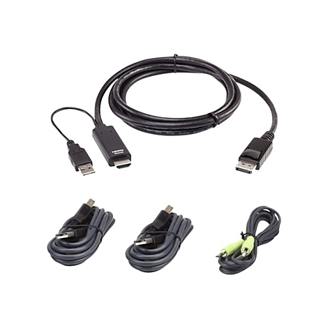 Ein aktiver HDMI auf DisplayPort Adapter mit USB-Stromversorgung und drei zusätzliche Kabel, isoliert vor weißem Hintergrund.