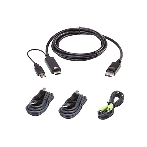 Ein schwarzes HDMI-zu-DisplayPort-Kabel mit USB-Stromversorgung, zusammen mit zwei USB-Kabeln und einem Audiokabel.