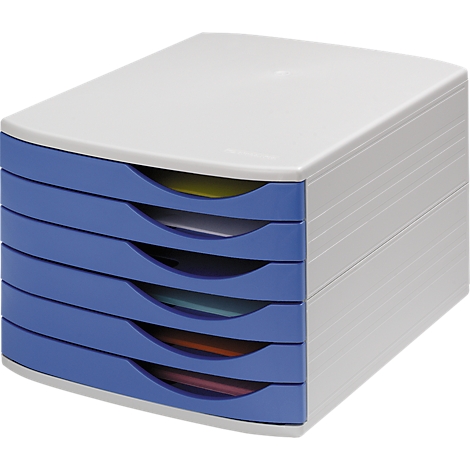 A grey file sorter with five blue drawers. Each drawer contains colored paper.