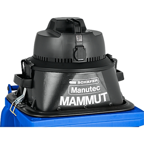 Black industrial vacuum cleaner with the inscription 'SCHAFER Manutec MAMMUT' on a blue container.