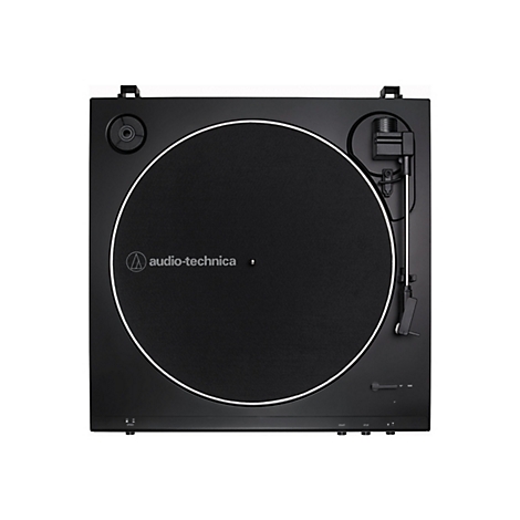 Schwarzer Audio-Technica Plattenspieler in Draufsicht mit rundem Plattenteller und seitlichem Tonarm.