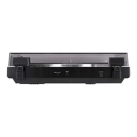 Rückseite eines schwarzen Plattenspielers mit Anschlüssen für Phono, Line, Analog Out und 12V Stromversorgung.