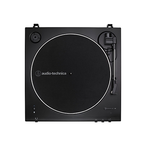 Schwarzer Audio-Technica Plattenspieler in Draufsicht auf weißem Hintergrund.