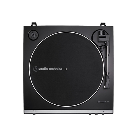 Schwarzer Audio-Technica Plattenspieler in Draufsicht auf weißem Hintergrund.