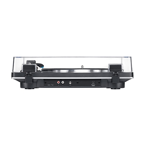 Rückseite eines schwarzen Plattenspielers mit Anschlüssen für Phono, Line, Ground und Strom vor weißem Hintergrund.