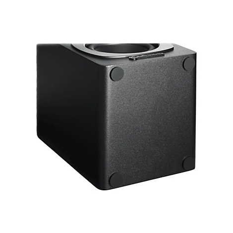 Schwarzer Audio-Technica Subwoofer, Perspektive von unten mit Gummifüßen und Logo.