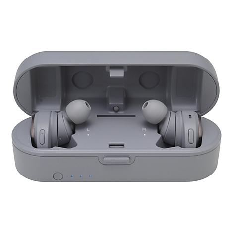 Graues Ladecase mit zwei In-Ear-Kopfhörern vor neutralem Hintergrund.