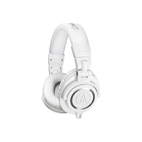Weiße Over-Ear-Kopfhörer vor weißem Hintergrund. Die Ohrmuscheln und der Kopfbügel sind gepolstert.
