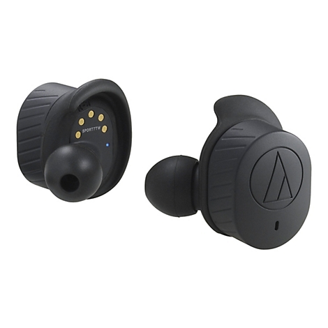 Zwei schwarze True-Wireless-In-Ear-Kopfhörer vor weißem Hintergrund. Einer zeigt das Audio-Technica-Logo.