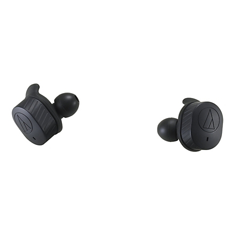 Zwei schwarze, kabellose In-Ear-Kopfhörer mit Audio-Technica-Logo vor weißem Hintergrund.