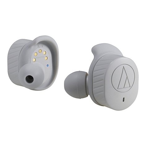 Zwei hellgraue In-Ear-Kopfhörer mit Audio-Technica-Logo vor weißem Hintergrund.
