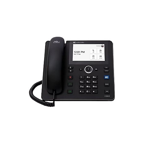 Téléphone de bureau noir avec grand écran tactile, combiné sur le socle. Heure : 12h01. Date : 12 septembre.